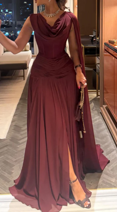 Classy Burgundy Chiffon Slit Prom Dress Birthday Evening Dress