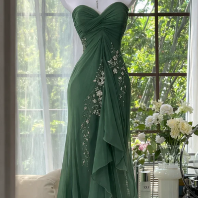 Elegant sheath green chiffon prom dress evening dress with beading 
