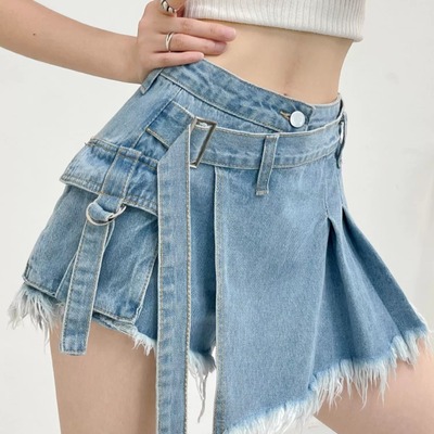 High-waisted blue denim wrap skort skirt