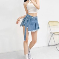 High-waisted blue denim wrap skort skirt - Thumbnail 2