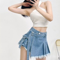 High-waisted blue denim wrap skort skirt - Thumbnail 3