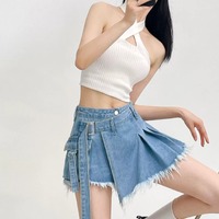 High-waisted blue denim wrap skort skirt - Thumbnail 5