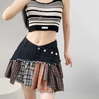 Asymmetrical Plaid Patchwork Denim Skirt - Thumbnail 1
