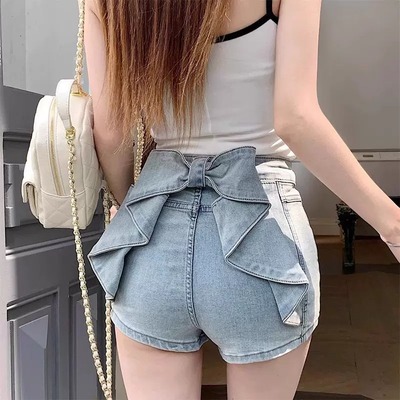 High-waisted N-Yoda denim shorts with big bow on back