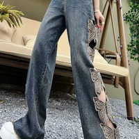 Distressed butterfly embroidery jeans - Thumbnail 4
