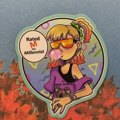 Rated m retro cartoon sticker