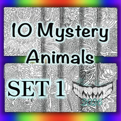 Digital printable coloring pages: 10 mystery animals set 1