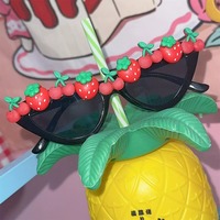 Black cat-eye party sunglasses decorated with small strawberry - Thumbnail 3