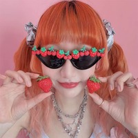 Black cat-eye party sunglasses decorated with small strawberry - Thumbnail 1