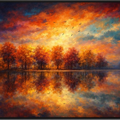 Autumn sunset lake reflection art print red orange landscape