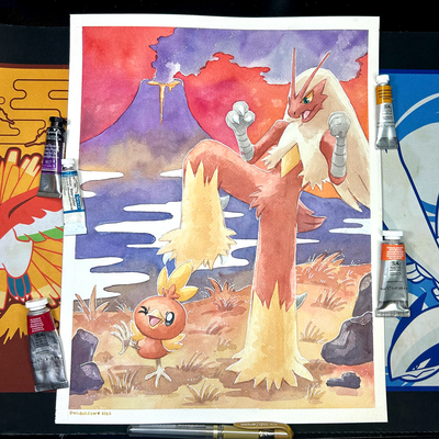 ORIGINAL Blaziken & Torchic Watercolor Painting
