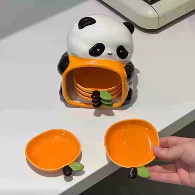 Ceramic panda-shaped dipping sauce dish set with stackable orange snack plates