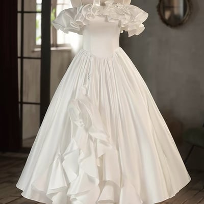 Romantic off-shoulder satin foraml dress with ruffled sleeves & corset back - vintage style tea length gown