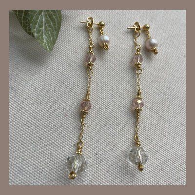 Coquette pink crystal pearl earrings – handmade gold filled dangle studs - vintage princesses jewelry
