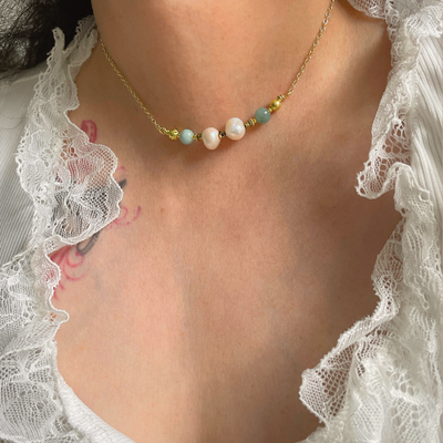Blue peta-less choker amazonite gemstone gold filled- choker necklace, princesses jewelry, handmade, non - tarnish chain, vintage inspired