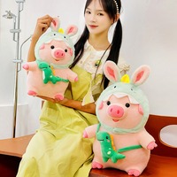 Pink pig plush toy with dinosaur cap and bag - Thumbnail 3