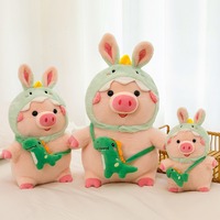 Pink pig plush toy with dinosaur cap and bag - Thumbnail 2