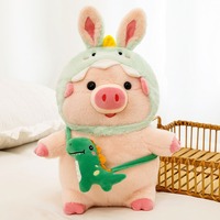 Pink pig plush toy with dinosaur cap and bag - Thumbnail 6