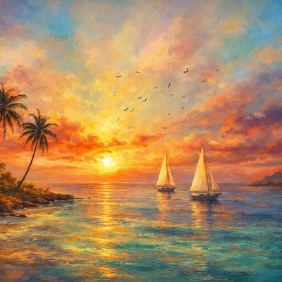 36x24 coastal landscape art print tropical sunset sailboats palm trees orange blue decor