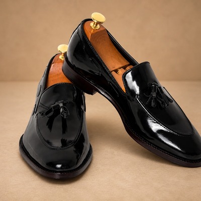 Men’s black patent leather tassel loafers handmade formal dress slip on shoes