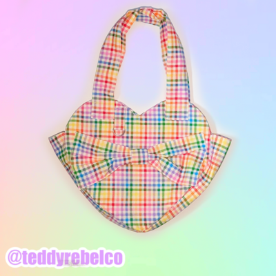 Rainbow gingham heart shaped tote bag