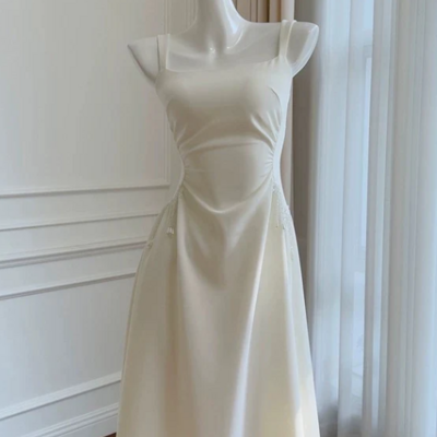 A line straps white satin ankle length prom dress 