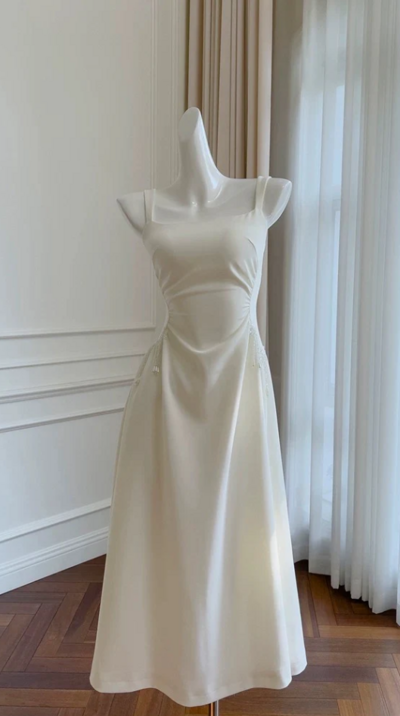 A Line Straps White Satin Ankle Length Prom Dress 