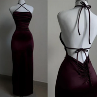 Simple Sheath Halter Wine Red Stain Prom Dress Formal Evening Dress - Thumbnail 1
