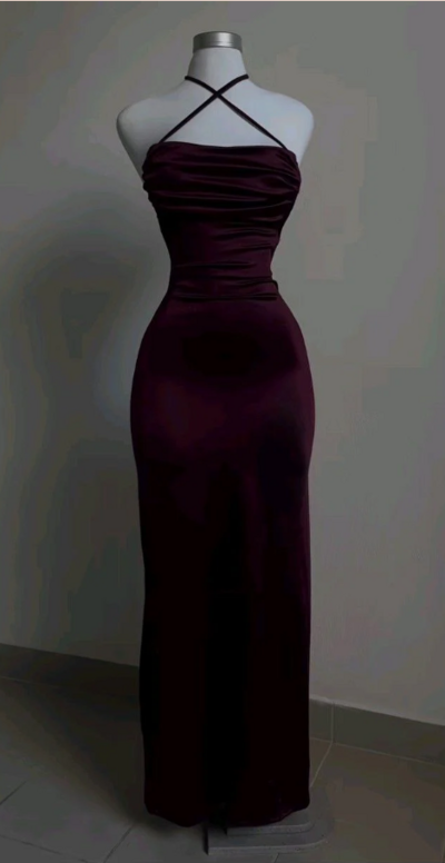 Simple Sheath Halter Wine Red Stain Prom Dress Formal Evening Dress