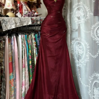 Vintage halter wine red satin evening gown beaded ruched prom dress