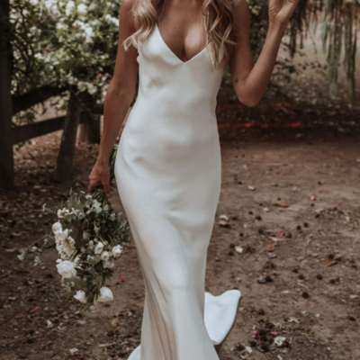 Spaghetti straps mermaid v neck cross back white wedding dresses