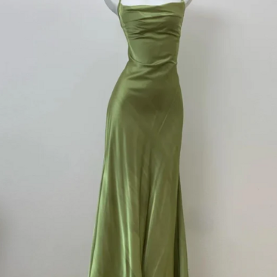 Simple olive green straps long backless prom dresses