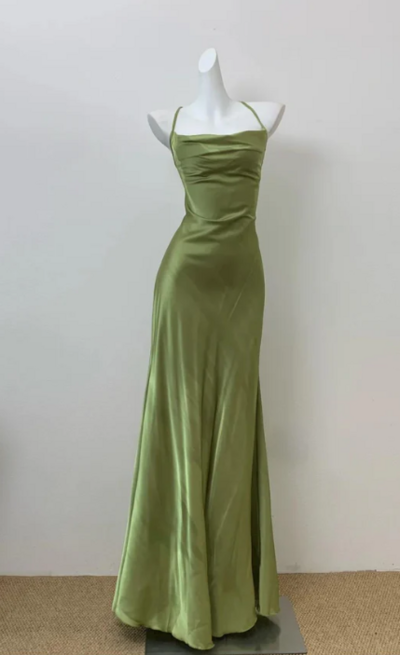 Simple Olive Green Straps Long Backless Prom Dresses