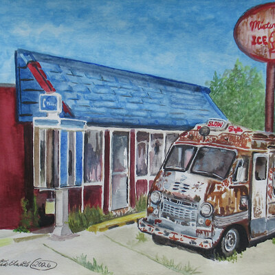 "mister softee frozen in time", original watercolor painting by n.e.thompson, artwork size 9x12 inches