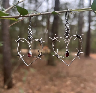 Barbed Wire Heart Hoops - Garnet
