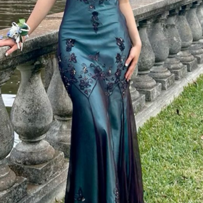 Vintage spaghetti strap exquisite floral beading long chiffon prom evening dress