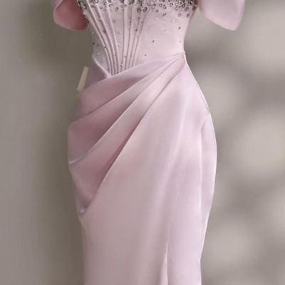 Off-the-shoulder a-line blushing pink stain prom dresses