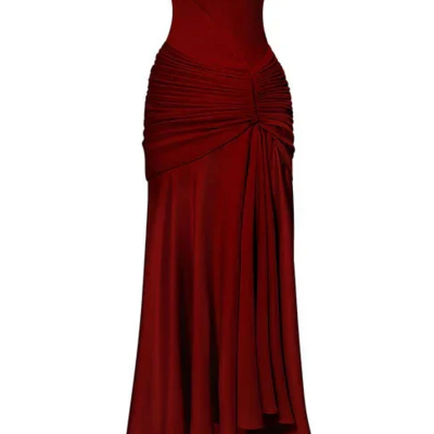 Sheath elegant pleats red satin sleeveless prom dress