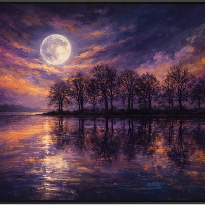 Purple and gold moonlit lake sunset landscape art print 36x24