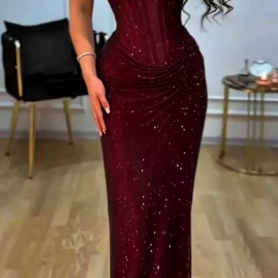 Off shoulder high waist wine red sequin sleeveless mermaid prom dress