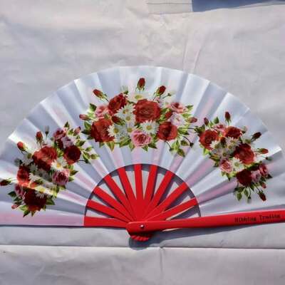 Red roses floral flowers 11 x 22 rave fan folding satin nylon handheld