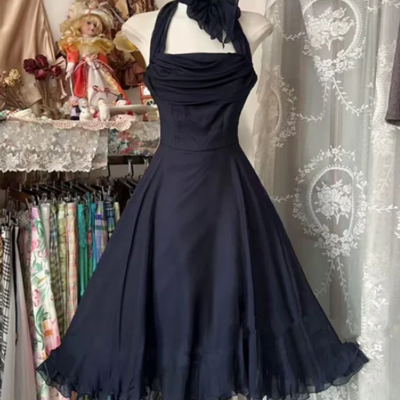 Halter black chiffon knee length party dress homecoming dress