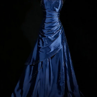 Sweetheart navy blue satin a line beaded prom dress formal evening dress