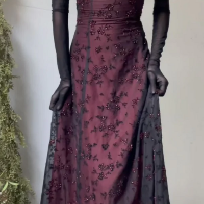 Spaghetti strap burgundy black tulle long prom dresses evening dress