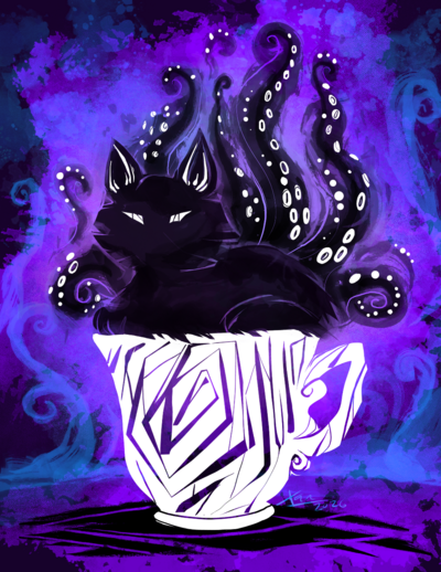 Void cat in teacup with iridescent foil