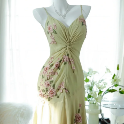 Beautiful yellow floral v neck beaded knotted chiffon prom dress