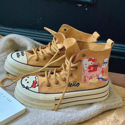 Hand-painted kitty canvas high-top sneakers