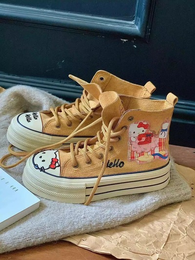 Hand-painted Kitty canvas high-top sneakers