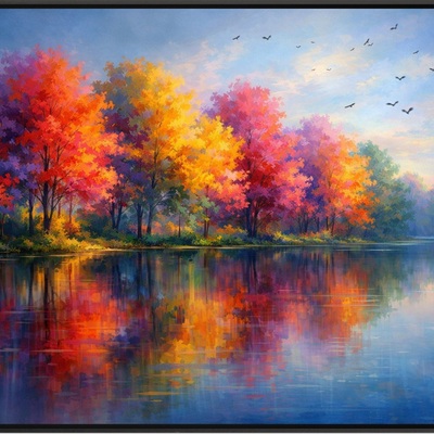 Vibrant autumn forest reflection fine art print 36x24 - krita nature painting