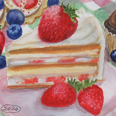 Picnic with desserts, original watercolor painting by n.e.thompson, artwork size 5.5x8.5 inches